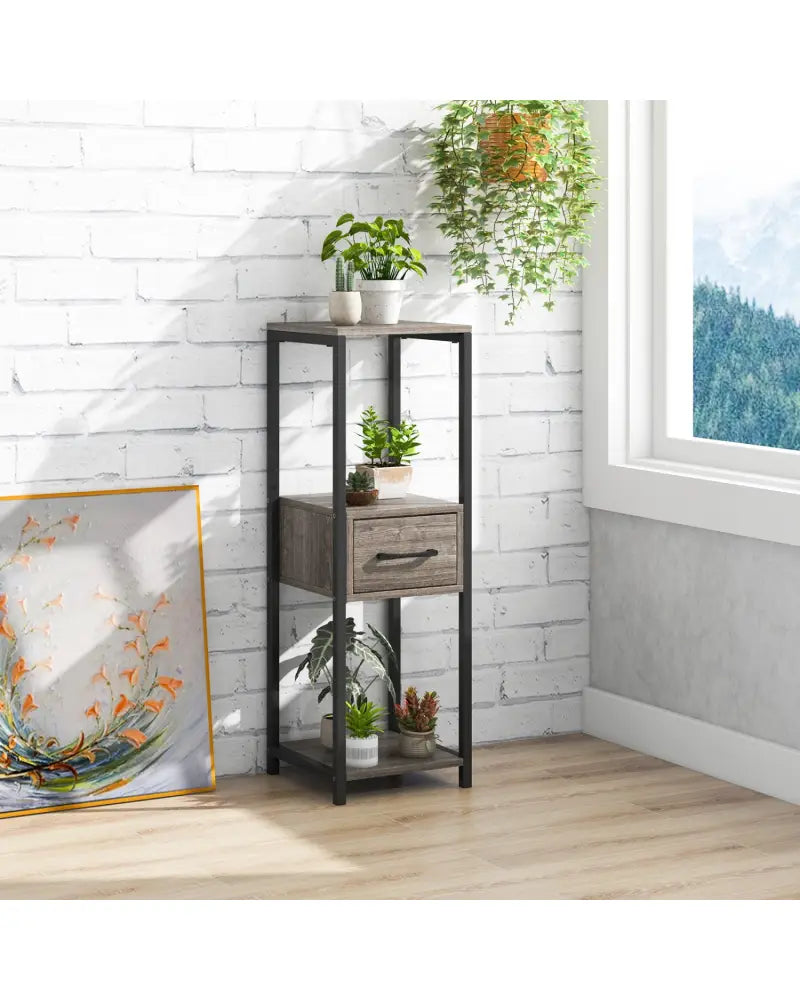 2 Pack 3 Tier Tall Metal Plant Stand with Drawer and Display Shelf-Gray - Gray - Plant Stands