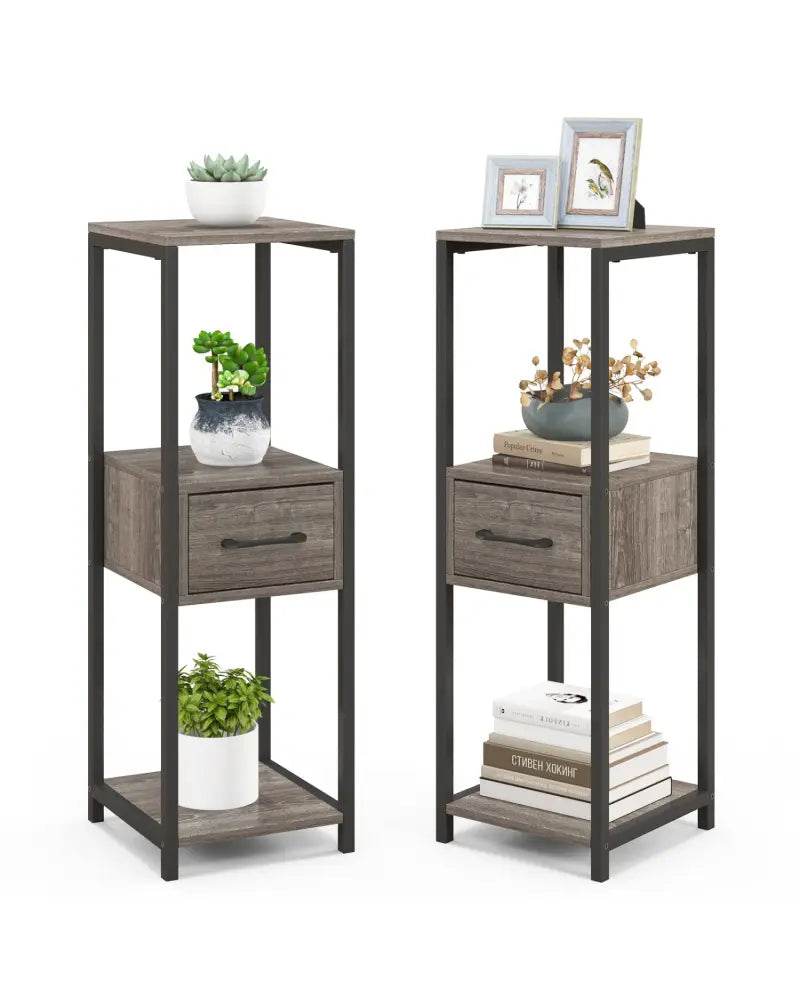 2 Pack 3 Tier Tall Metal Plant Stand with Drawer and Display Shelf-Gray - Gray - Plant Stands