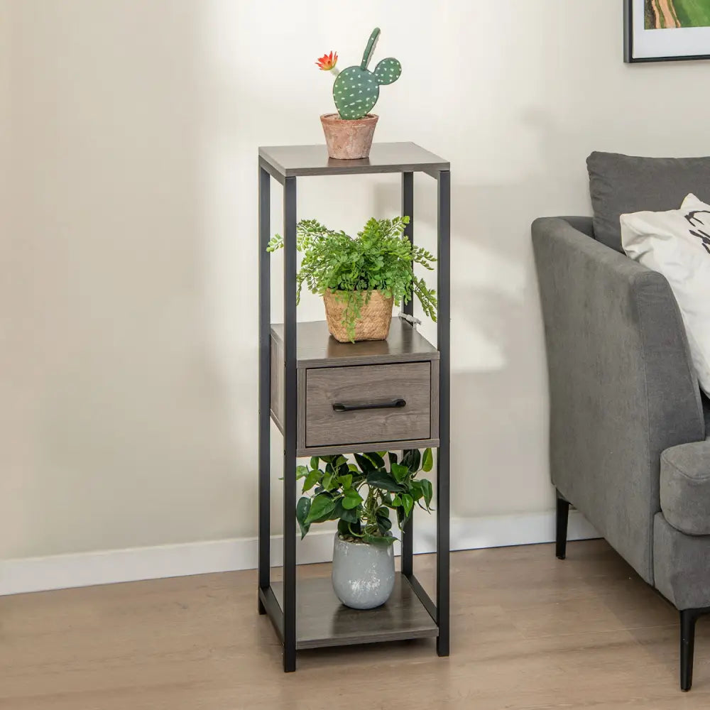 2 Pack 3 Tier Tall Metal Plant Stand with Drawer and Display Shelf-Gray - Gray - Plant Stands