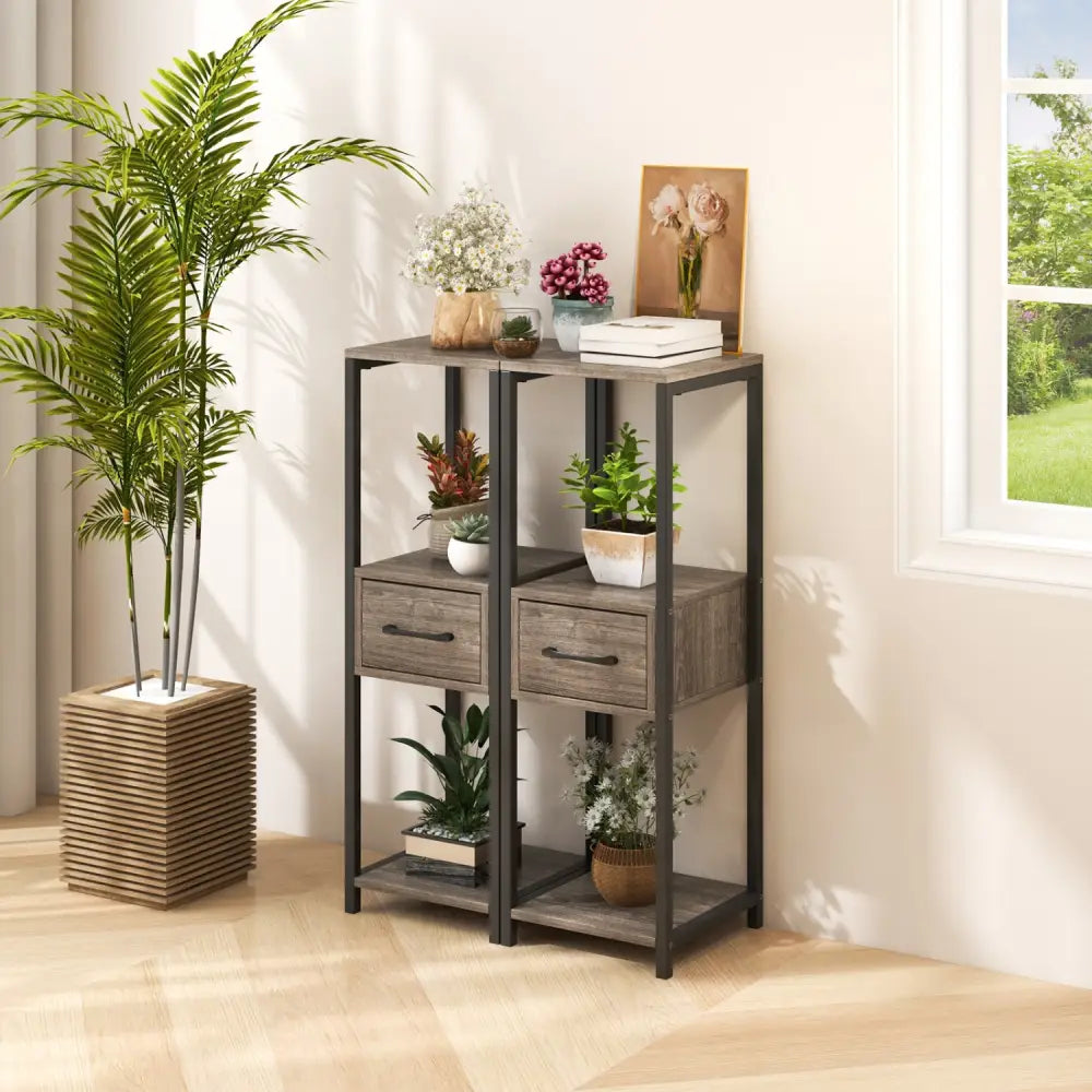 2 Pack 3 Tier Tall Metal Plant Stand with Drawer and Display Shelf-Gray - Gray - Plant Stands