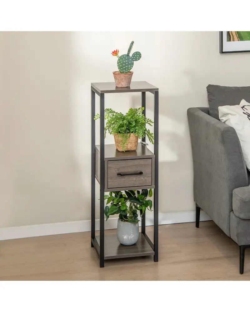 2 Pack 3 Tier Tall Metal Plant Stand with Drawer and Display Shelf-Gray - Gray - Plant Stands