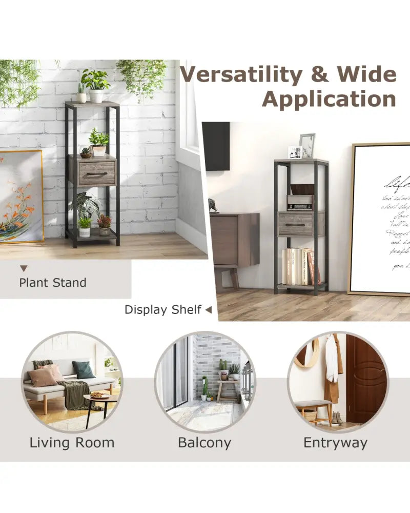 2 Pack 3 Tier Tall Metal Plant Stand with Drawer and Display Shelf-Gray - Gray - Plant Stands