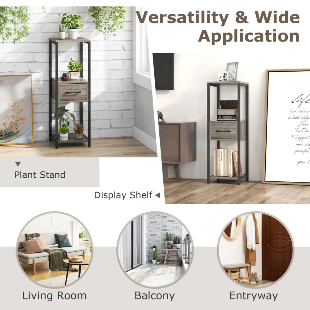 2 Pack 3 Tier Tall Metal Plant Stand with Drawer and Display Shelf-Gray - Gray - Plant Stands