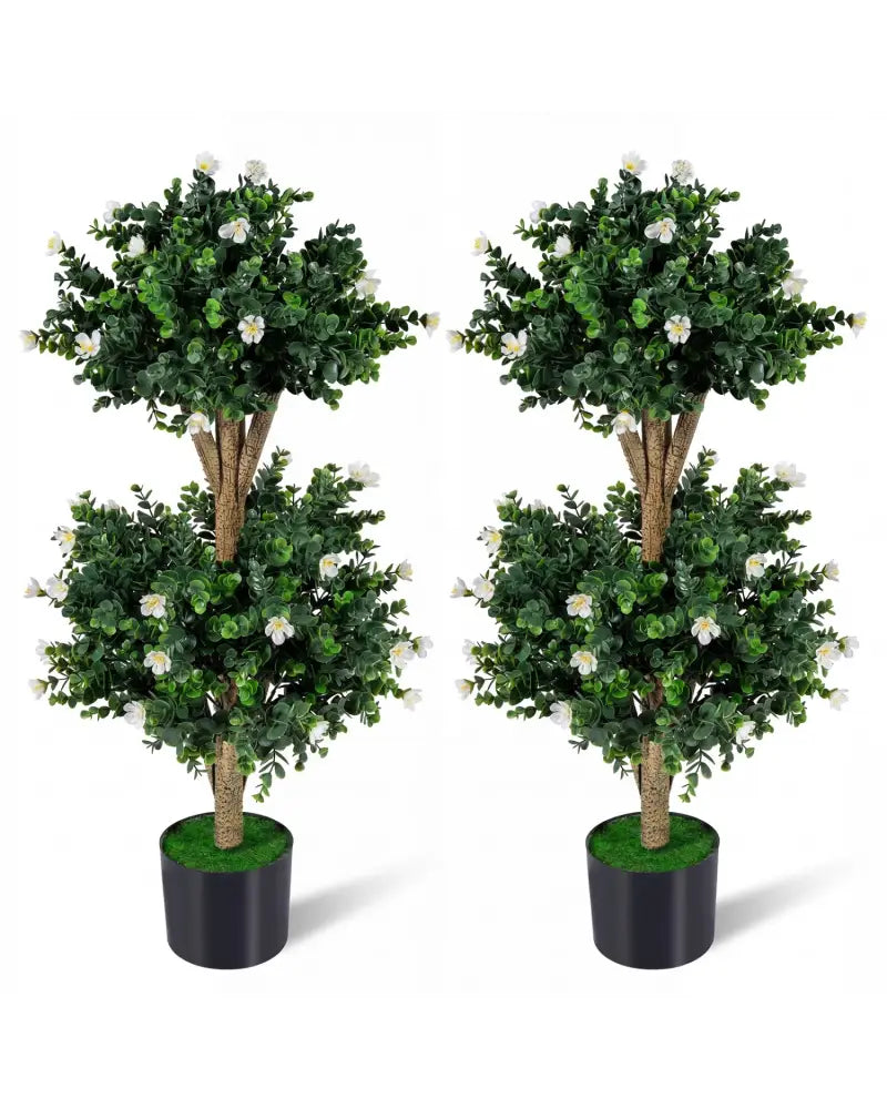 2 Pack 36’’ Artificial Double Ball Boxwood Topiary Tree with 41 Blossoms-White - White - Faux Plants