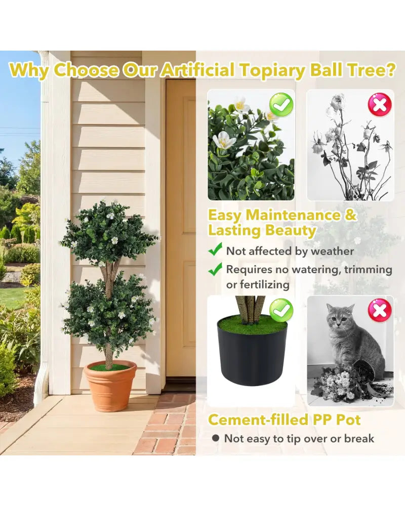 2 Pack 36’’ Artificial Double Ball Boxwood Topiary Tree with 41 Blossoms-White - White - Faux Plants