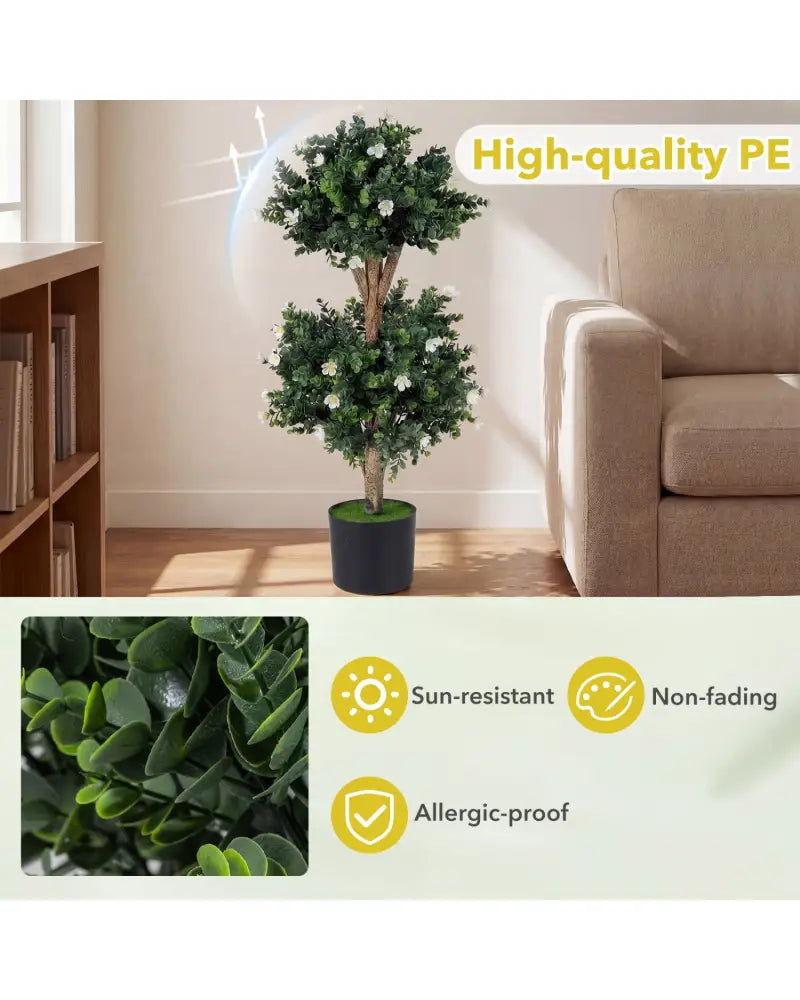 2 Pack 36’’ Artificial Double Ball Boxwood Topiary Tree with 41 Blossoms-White - White - Faux Plants