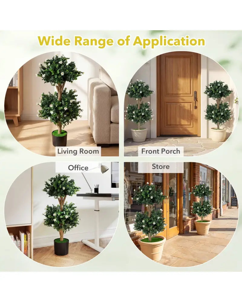 2 Pack 36’’ Artificial Double Ball Boxwood Topiary Tree with 41 Blossoms-White - White - Faux Plants