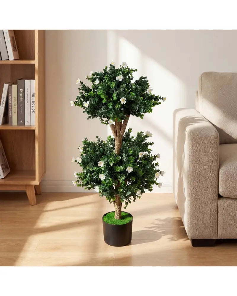 2 Pack 36’’ Artificial Double Ball Boxwood Topiary Tree with 41 Blossoms-White - White - Faux Plants