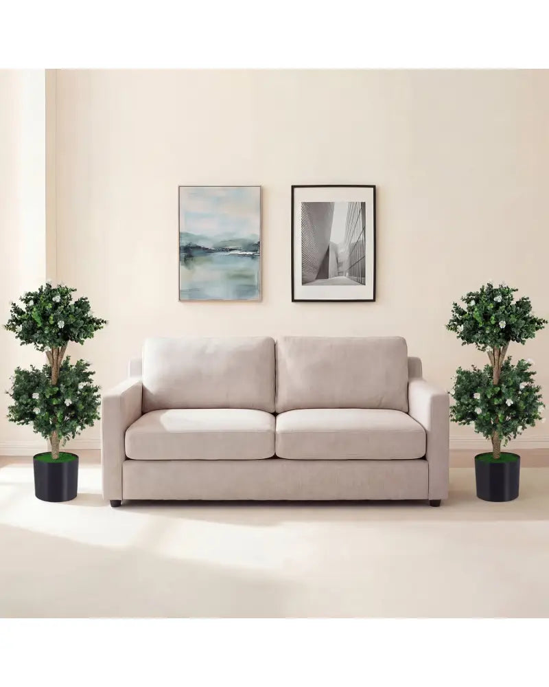 2 Pack 36’’ Artificial Double Ball Boxwood Topiary Tree with 41 Blossoms-White - White - Faux Plants
