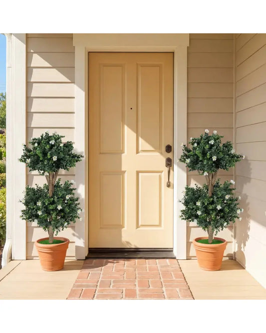 2 Pack 36’’ Artificial Double Ball Boxwood Topiary Tree with 41 Blossoms-White - White - Faux Plants