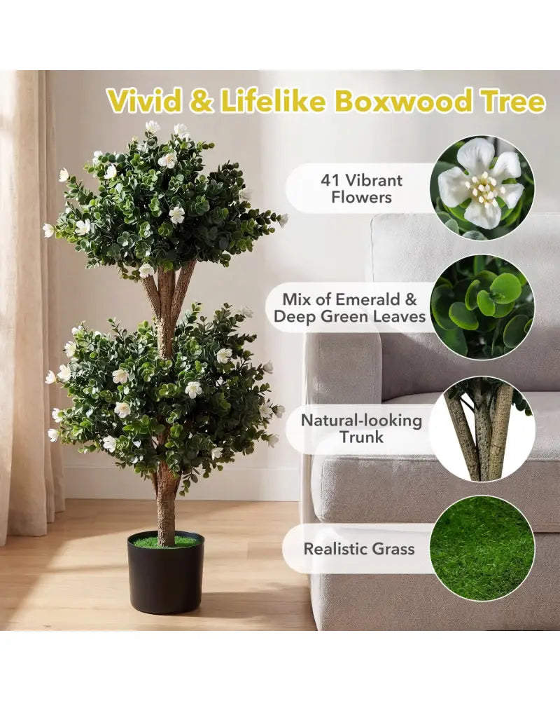 2 Pack 36’’ Artificial Double Ball Boxwood Topiary Tree with 41 Blossoms-White - White - Faux Plants
