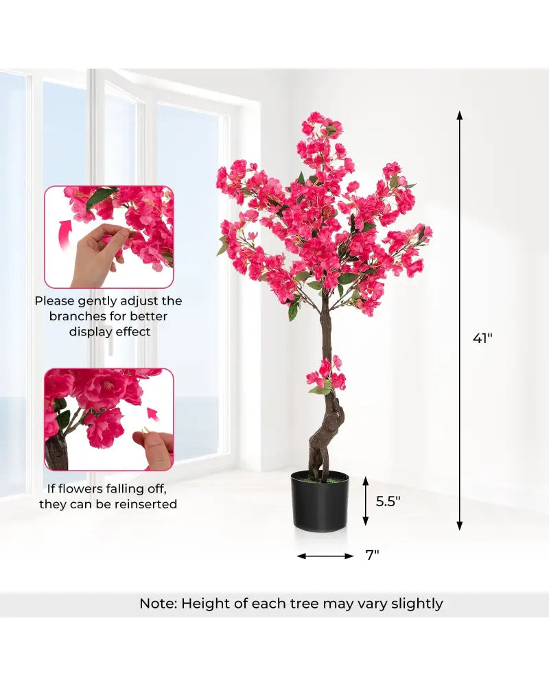 2 Pack 41 Inch Artificial Plum Blossom Tree Fake Floral Plant with 92 Flowers-Red - Red - Faux Plants