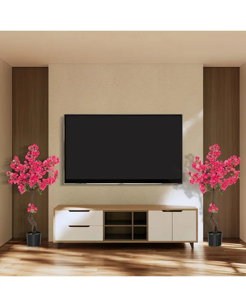 2 Pack 41 Inch Artificial Plum Blossom Tree Fake Floral Plant with 92 Flowers-Red - Red - Faux Plants