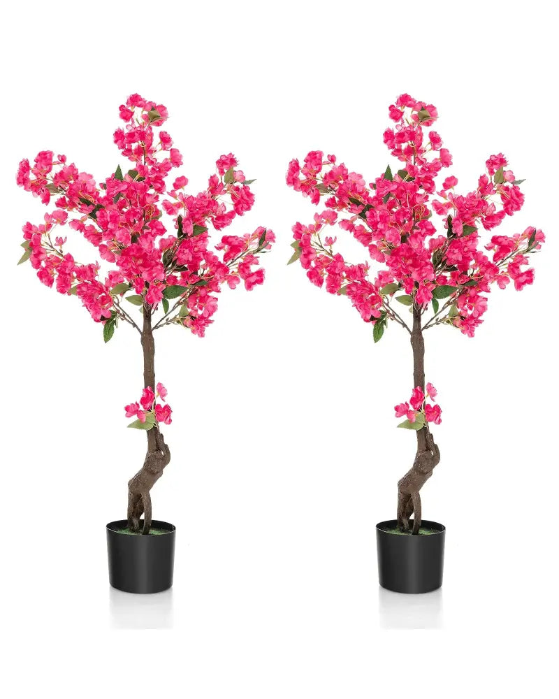2 Pack 41 Inch Artificial Plum Blossom Tree Fake Floral Plant with 92 Flowers-Red - Red - Faux Plants