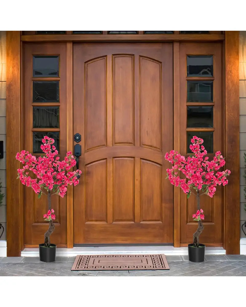 2 Pack 41 Inch Artificial Plum Blossom Tree Fake Floral Plant with 92 Flowers-Red - Red - Faux Plants