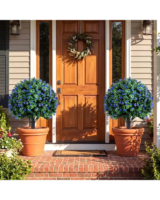 2 Pack Artificial Camellia Boxwood Topiary Ball Trees 27.5 Inches Faux Floral Shrubs - Faux Plants