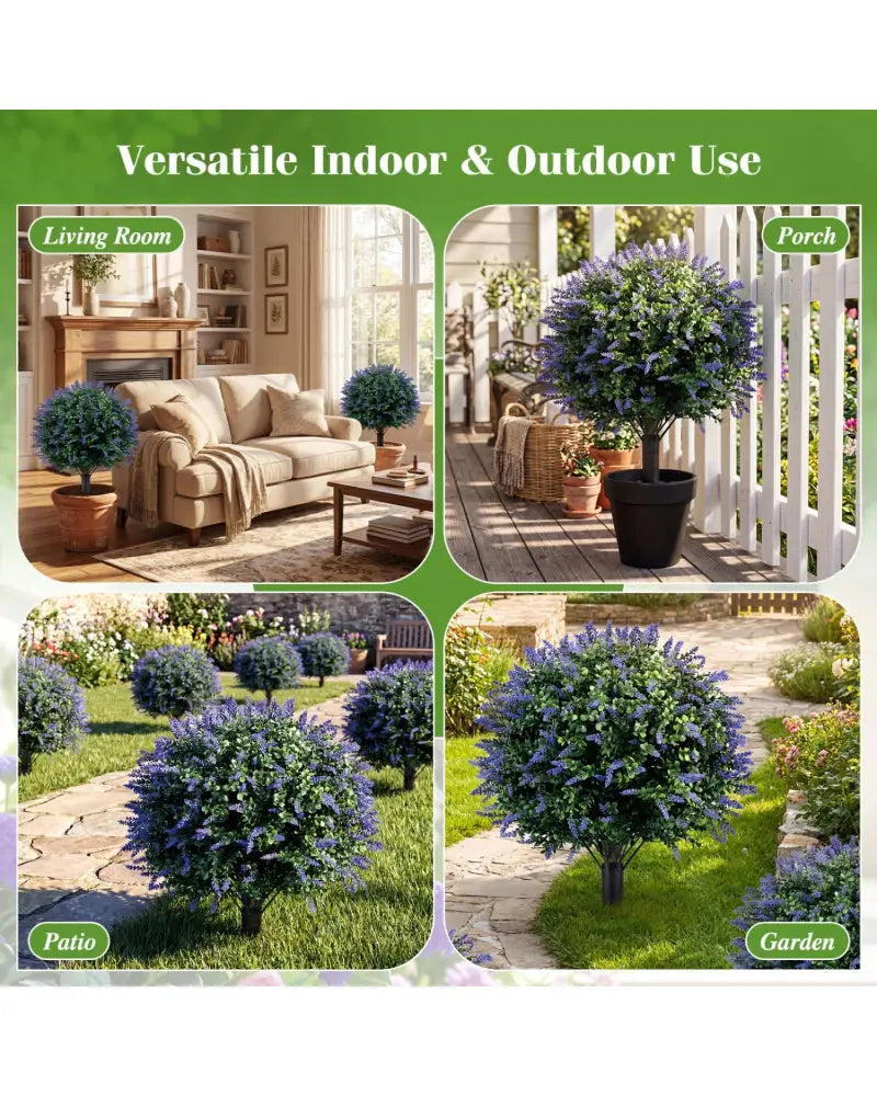 2 Pack Artificial Lavender Boxwood Topiary Ball Trees with Ground Spikes - Faux Plants