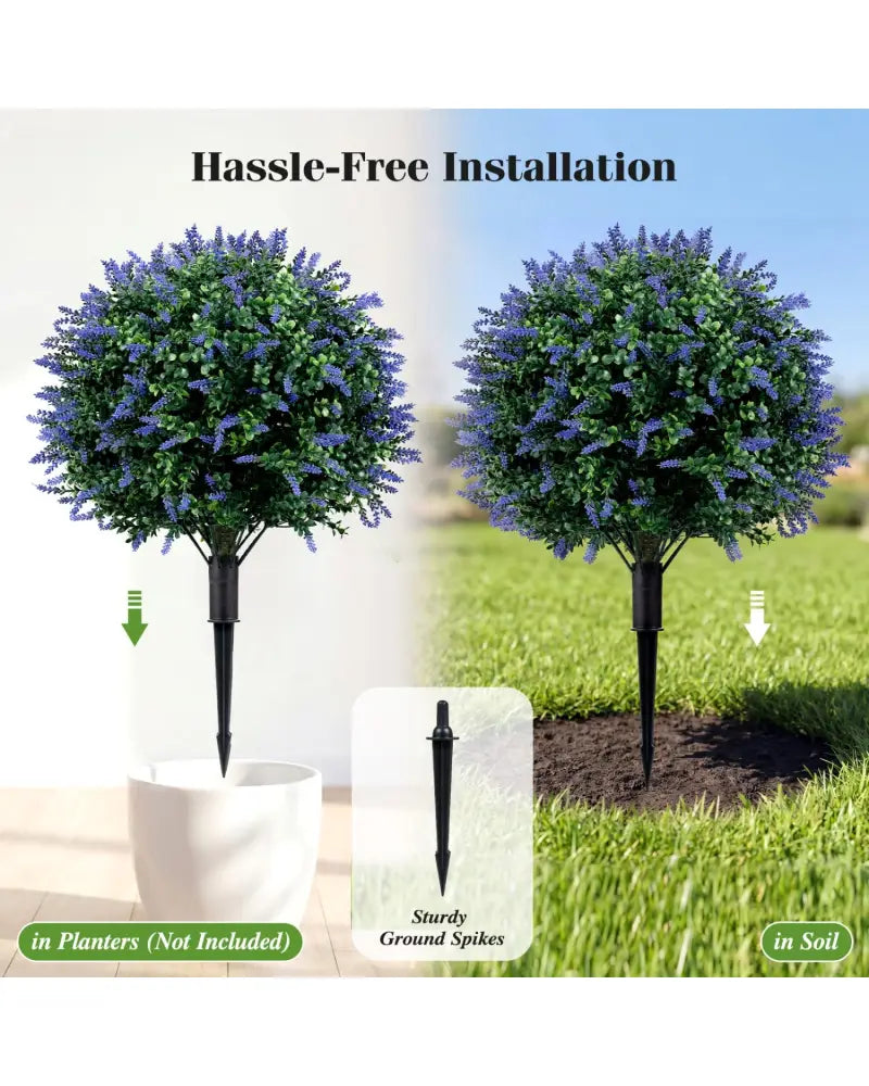 2 Pack Artificial Lavender Boxwood Topiary Ball Trees with Ground Spikes - Faux Plants