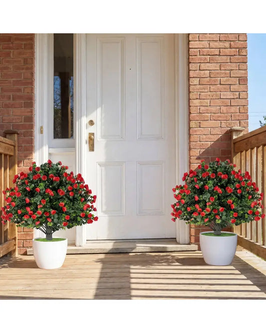 2 Pack Artificial Rose Topiary Ball Trees with PP Cement-Filled Flowerpot for Home - Multicolor - Faux Plants
