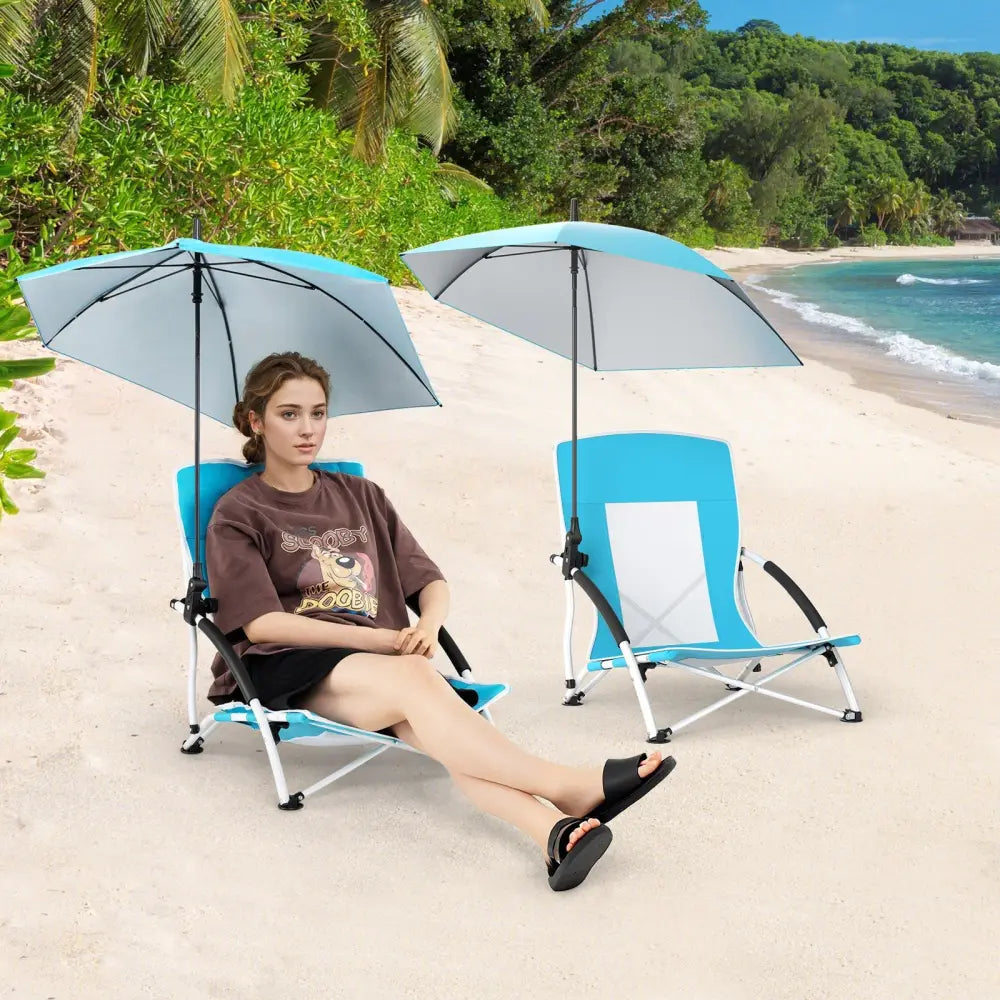 2 Pack Beach Umbrella Chair for Adults with Adjustable Parasol-Blue - Blue - Beach & Lawn Chairs
