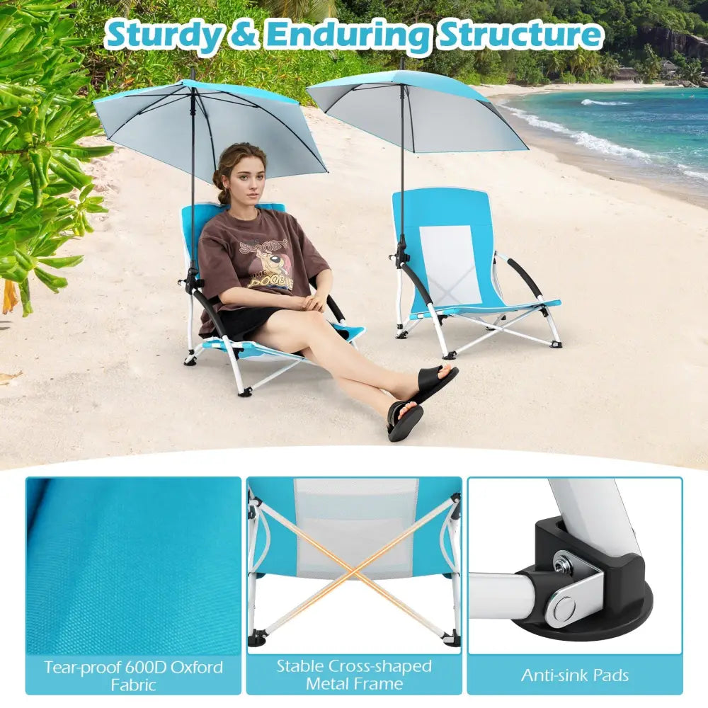2 Pack Beach Umbrella Chair for Adults with Adjustable Parasol-Blue - Blue - Beach & Lawn Chairs