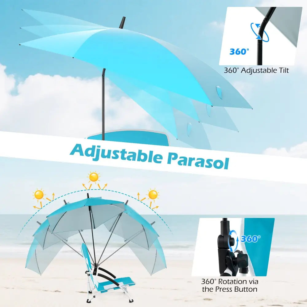 2 Pack Beach Umbrella Chair for Adults with Adjustable Parasol-Blue - Blue - Beach & Lawn Chairs