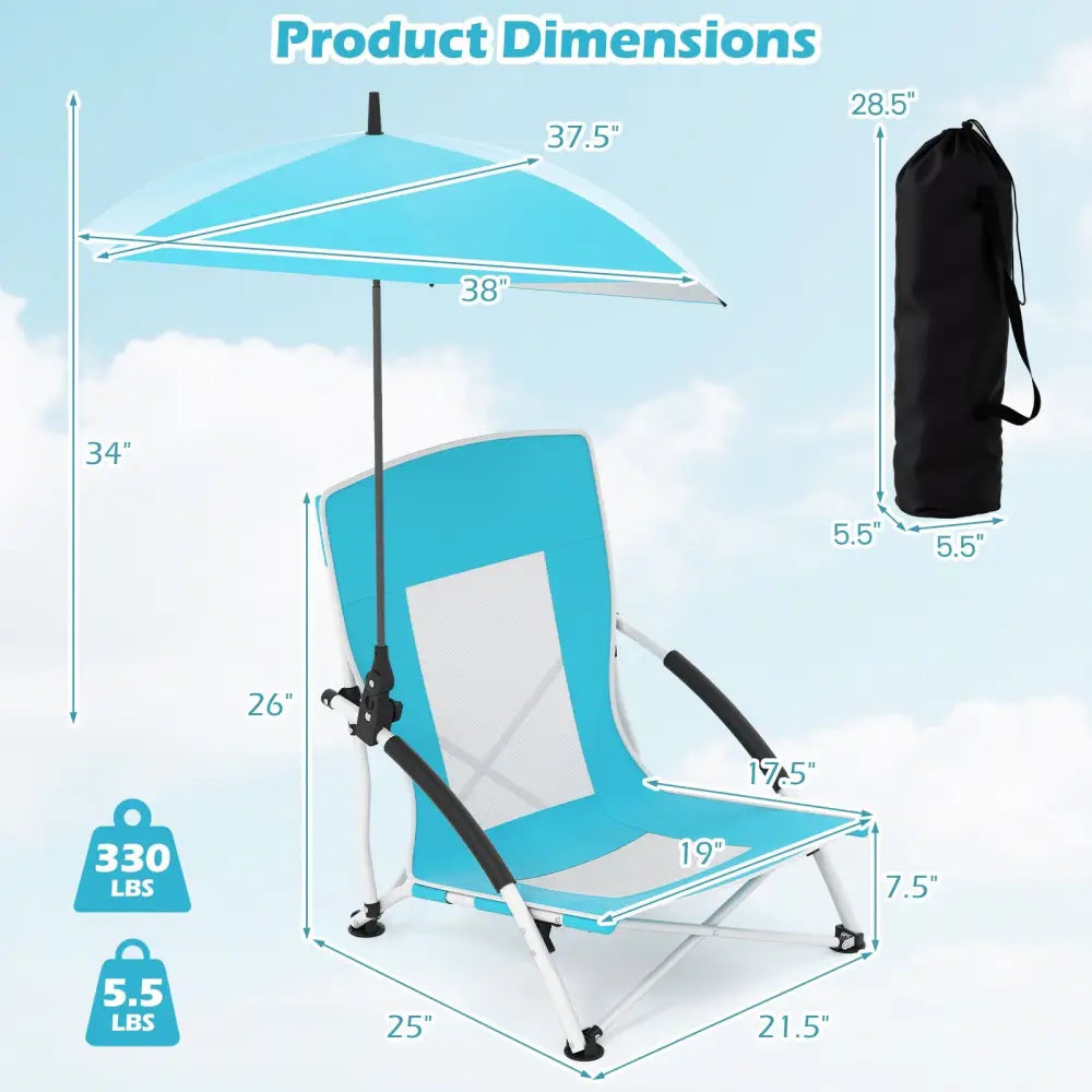 2 Pack Beach Umbrella Chair for Adults with Adjustable Parasol-Blue - Blue - Beach & Lawn Chairs