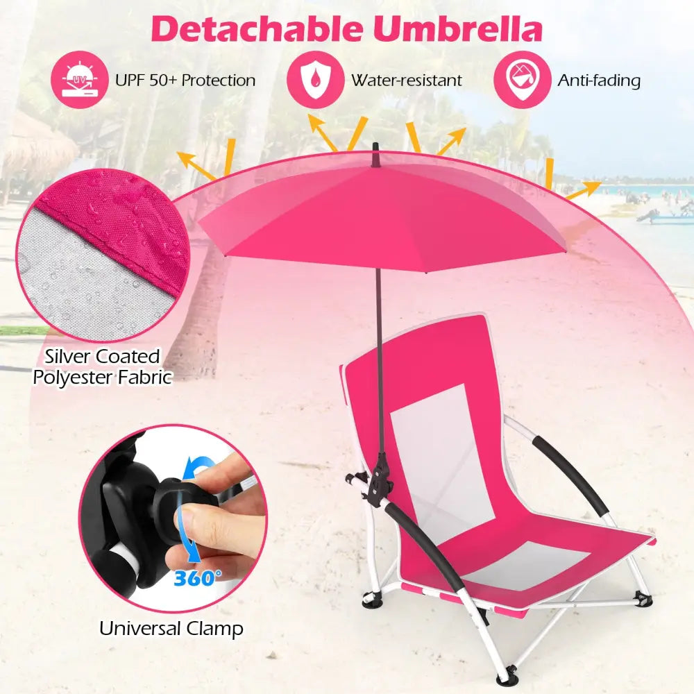 2 Pack Beach Umbrella Chair for Adults with Adjustable Parasol-Pink - Pink - Beach & Lawn Chairs