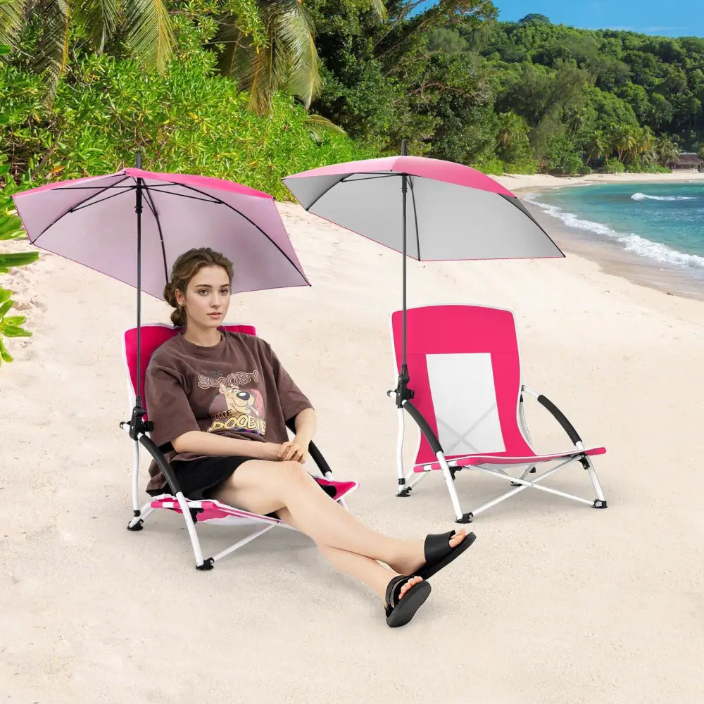 2 Pack Beach Umbrella Chair for Adults with Adjustable Parasol-Pink - Pink - Beach & Lawn Chairs