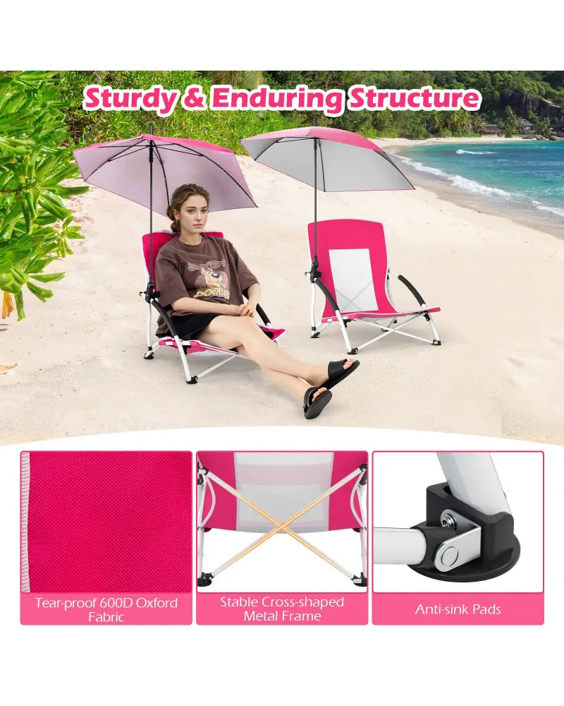 2 Pack Beach Umbrella Chair for Adults with Adjustable Parasol-Pink - Pink - Beach & Lawn Chairs