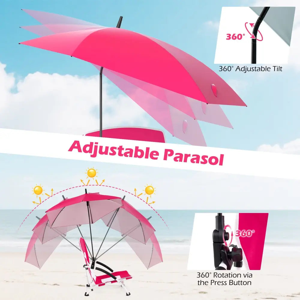 2 Pack Beach Umbrella Chair for Adults with Adjustable Parasol-Pink - Pink - Beach & Lawn Chairs