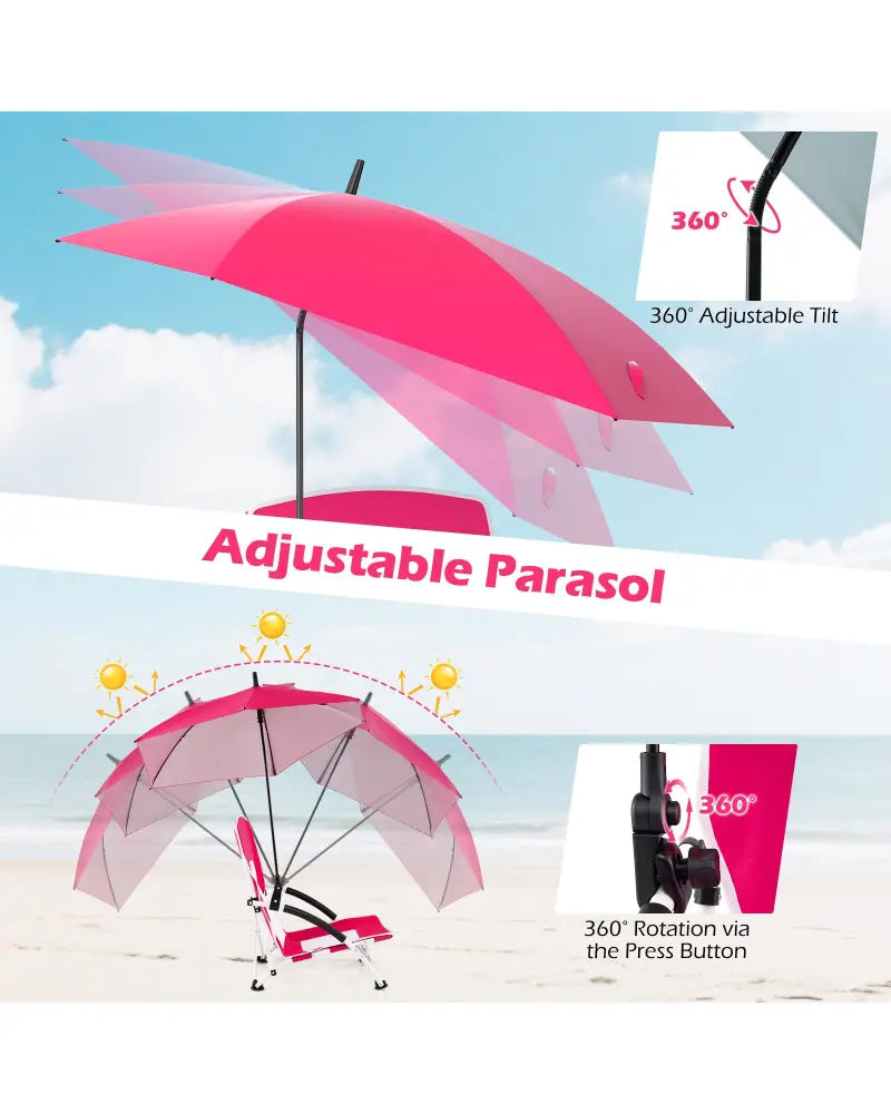2 Pack Beach Umbrella Chair for Adults with Adjustable Parasol-Pink - Pink - Beach & Lawn Chairs
