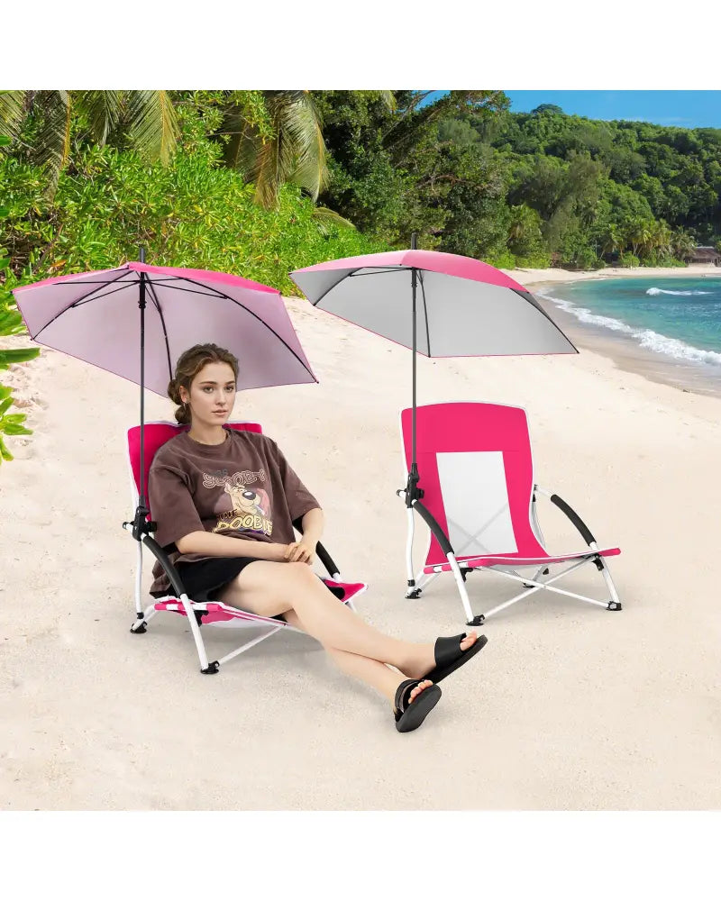2 Pack Beach Umbrella Chair for Adults with Adjustable Parasol-Pink - Pink - Beach & Lawn Chairs