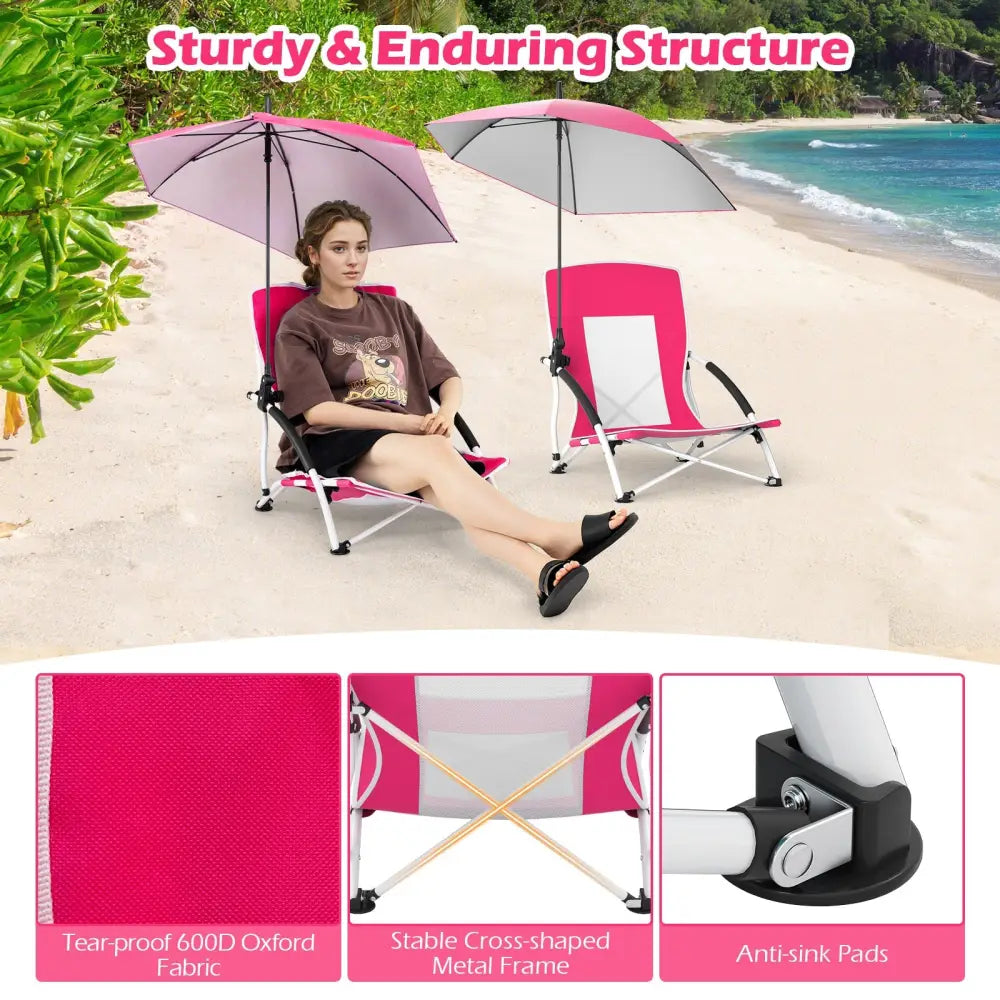 2 Pack Beach Umbrella Chair for Adults with Adjustable Parasol-Pink - Pink - Beach & Lawn Chairs