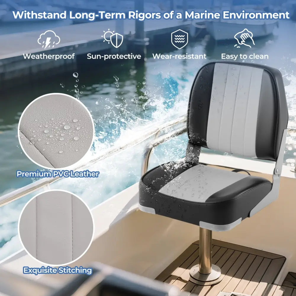 2-Pack Boat Seats Folding Low Back Boat Chairs Waterproof PVC Leather Cabin Seating-Gray - Gray - Surfing