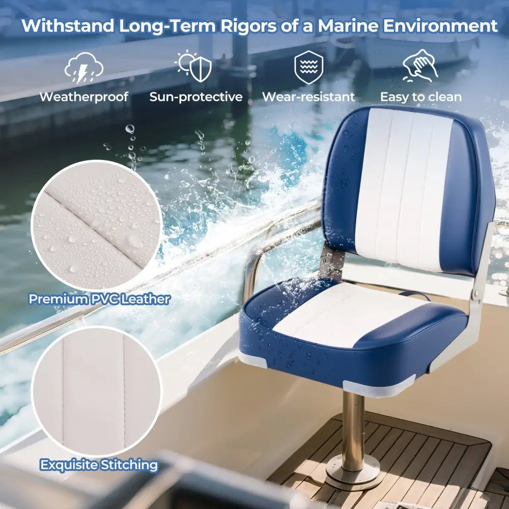 2-Pack Boat Seats Folding Low Back Boat Chairs Waterproof PVC Leather Cabin Seating-Blue - Blue - Surfing