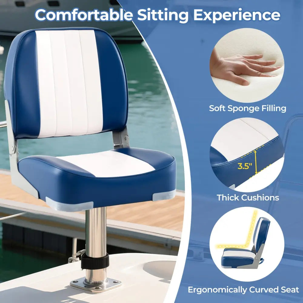 2-Pack Boat Seats Folding Low Back Boat Chairs Waterproof PVC Leather Cabin Seating-Blue - Blue - Surfing