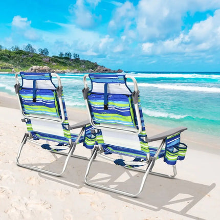 2-Pack Folding Backpack Beach Chair 5-Position Outdoor Reclining Chairs with Pillow-Blue - Blue - Beach & Lawn Chairs