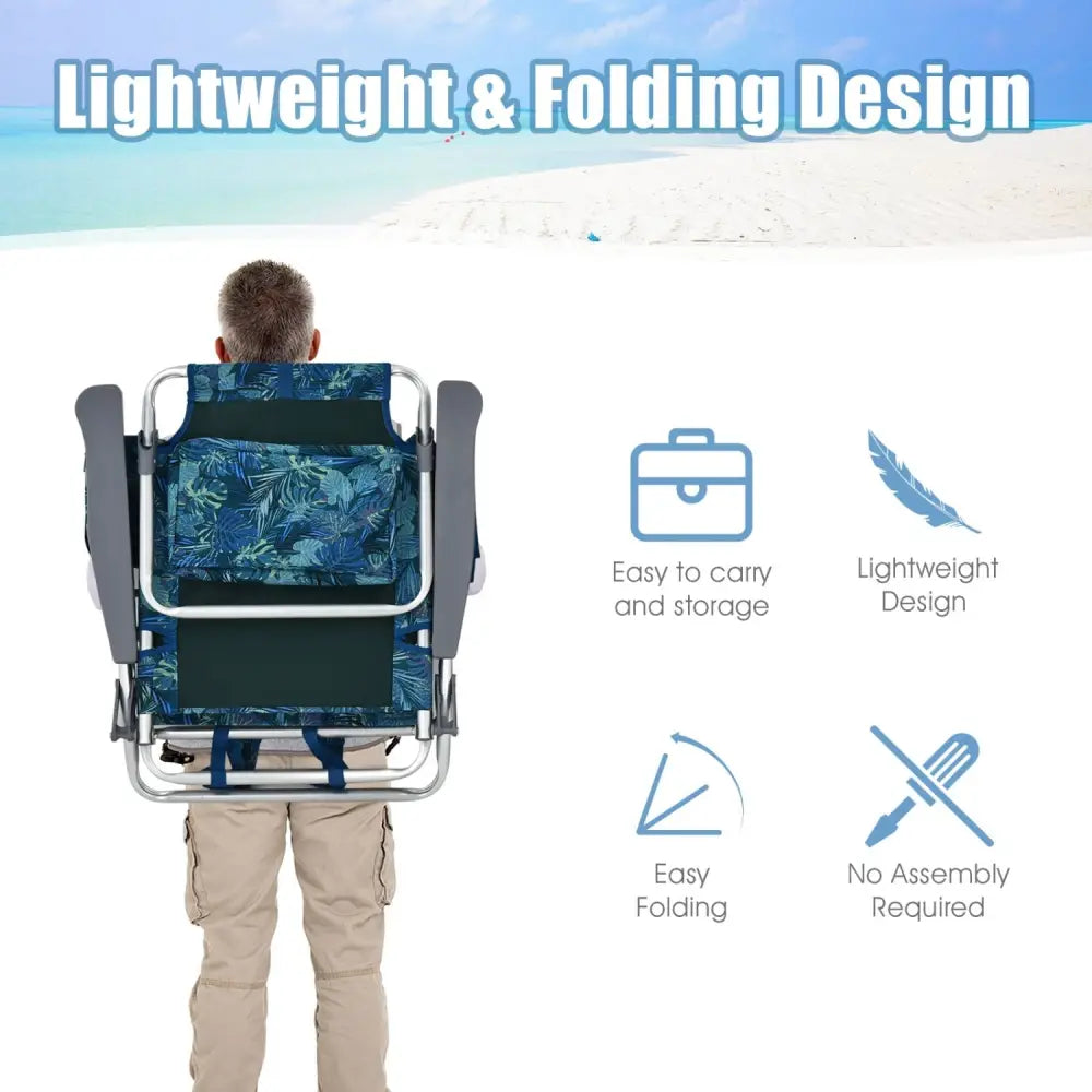 2-Pack Folding Backpack Beach Chair 5-Position Outdoor Reclining Chairs with Pillow-Blue - Blue - Beach & Lawn Chairs