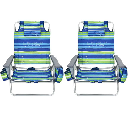 2-Pack Folding Backpack Beach Chair 5-Position Outdoor Reclining Chairs with Pillow-Blue - Blue - Beach & Lawn Chairs