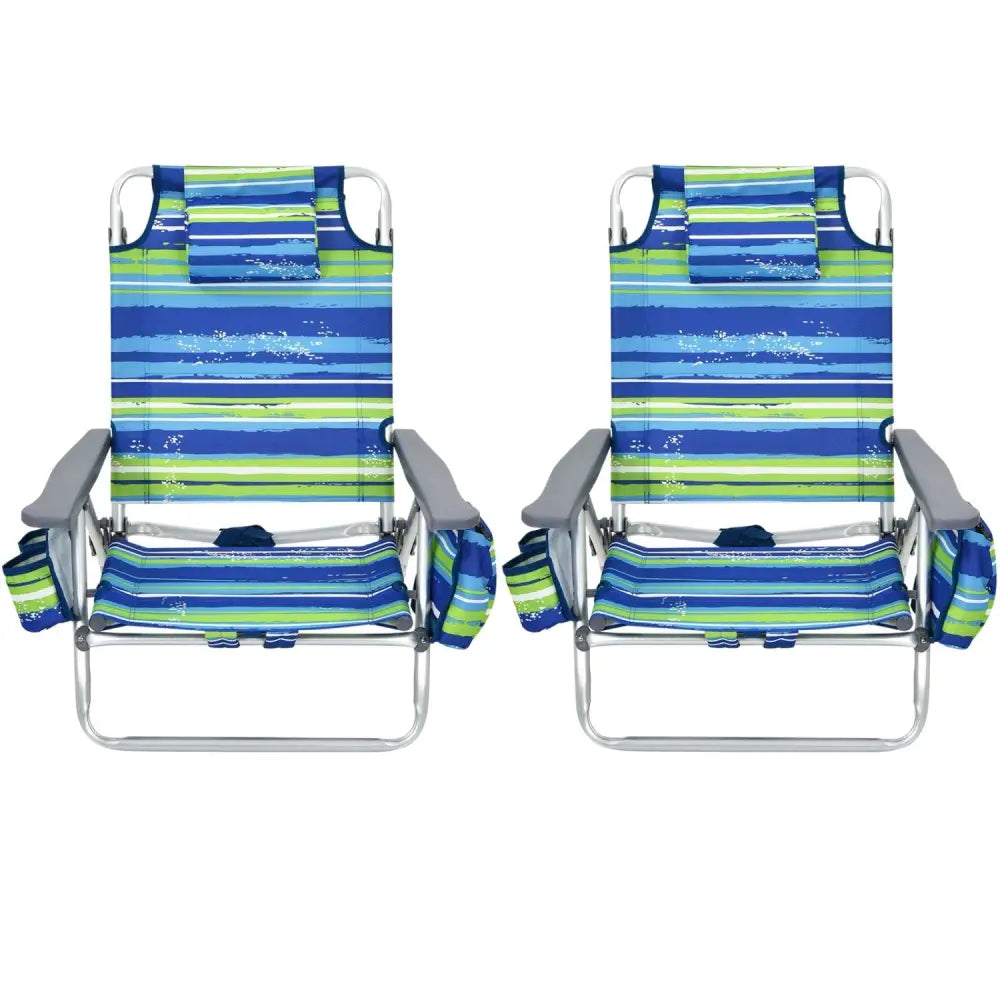 2-Pack Folding Backpack Beach Chair 5-Position Outdoor Reclining Chairs with Pillow-Blue - Blue - Beach & Lawn Chairs