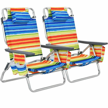 2-Pack Folding Backpack Beach Chair 5-Position Outdoor Reclining Chairs with Pillow-Yellow - Yellow - Beach & Lawn