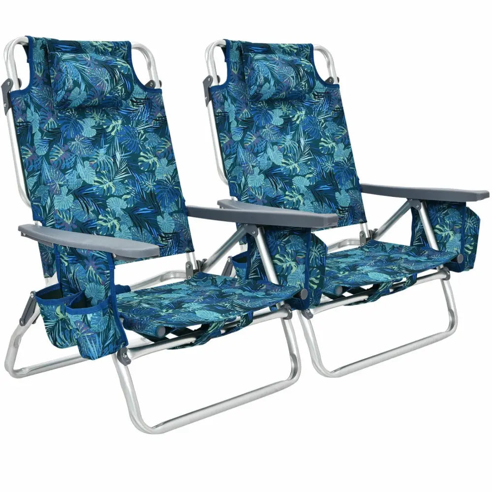 2-Pack Folding Backpack Beach Chair 5-Position Outdoor Reclining Chairs with Pillow-Navy - Navy - Beach & Lawn Chairs