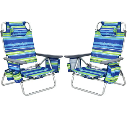 2-Pack Folding Backpack Beach Chair 5-Position Outdoor Reclining Chairs with Pillow-Blue - Blue - Beach & Lawn Chairs