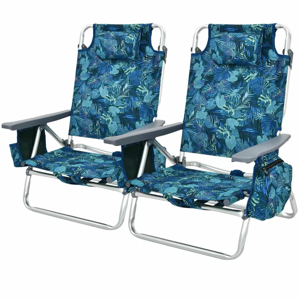 2-Pack Folding Backpack Beach Chair 5-Position Outdoor Reclining Chairs with Pillow-Navy - Navy - Beach & Lawn Chairs