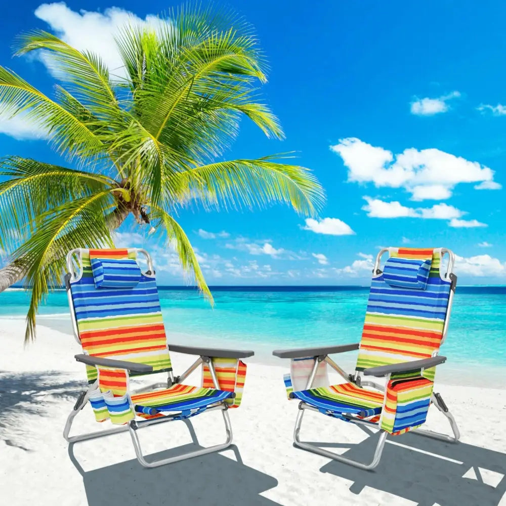 2-Pack Folding Backpack Beach Chair 5-Position Outdoor Reclining Chairs with Pillow-Yellow - Yellow - Beach & Lawn
