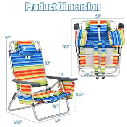 2-Pack Folding Backpack Beach Chair 5-Position Outdoor Reclining Chairs with Pillow-Yellow - Yellow - Beach & Lawn