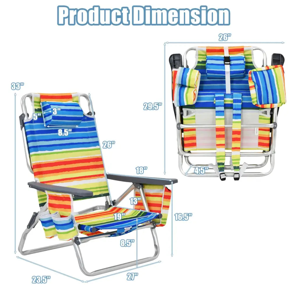 2-Pack Folding Backpack Beach Chair 5-Position Outdoor Reclining Chairs with Pillow-Yellow - Yellow - Beach & Lawn