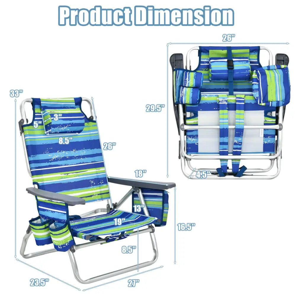 2-Pack Folding Backpack Beach Chair 5-Position Outdoor Reclining Chairs with Pillow-Blue - Blue - Beach & Lawn Chairs