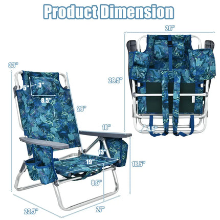 2-Pack Folding Backpack Beach Chair 5-Position Outdoor Reclining Chairs with Pillow-Navy - Navy - Beach & Lawn Chairs